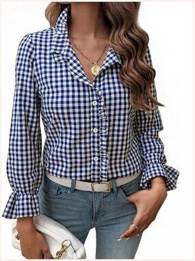 Women Plaid Button Down Blouse Peasant Ruffle Collar Long Sleeve Shirt